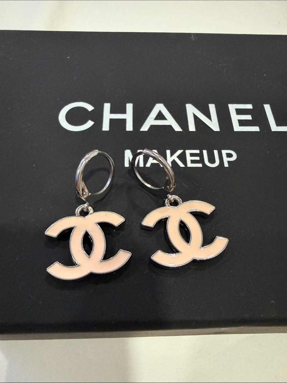 Upcycled Pink Enamel Double CC Drop Earrings